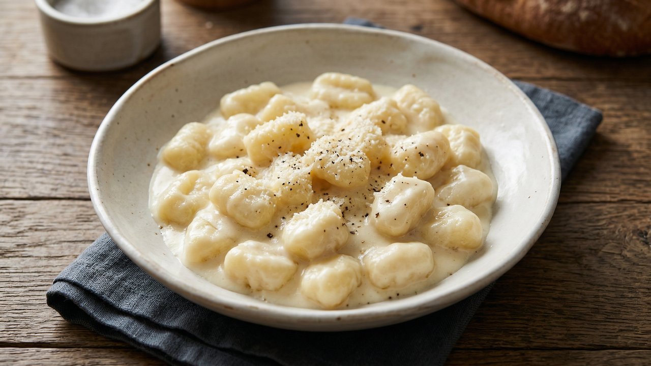 Ñoquis caseros con salsa blanca cremosa y pimienta negra molida en bowl de cerámica blanca