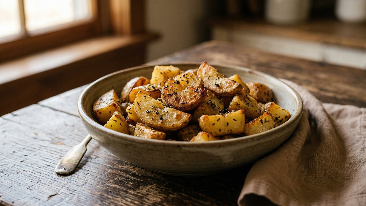 Papas al horno a la provenzal doradas y crocantes con ajo y perejil en bowl de cerámica gris sobre madera rústica