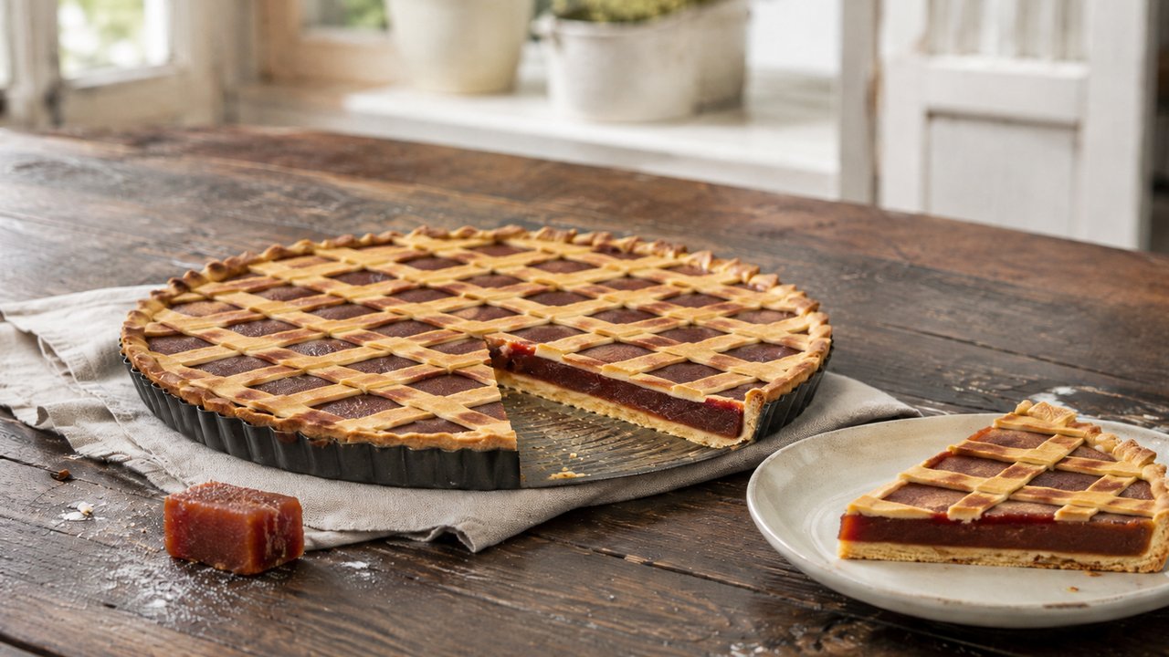 Pastafrola de membrillo con enrejado dorado en molde de tarta, con una porción servida en plato de cerámica y un cubo de dulce de membrillo, sobre mesa de madera oscura