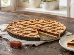 Pastafrola de membrillo entera con enrejado dorado sobre mesada de madera oscura, con una porción cortada