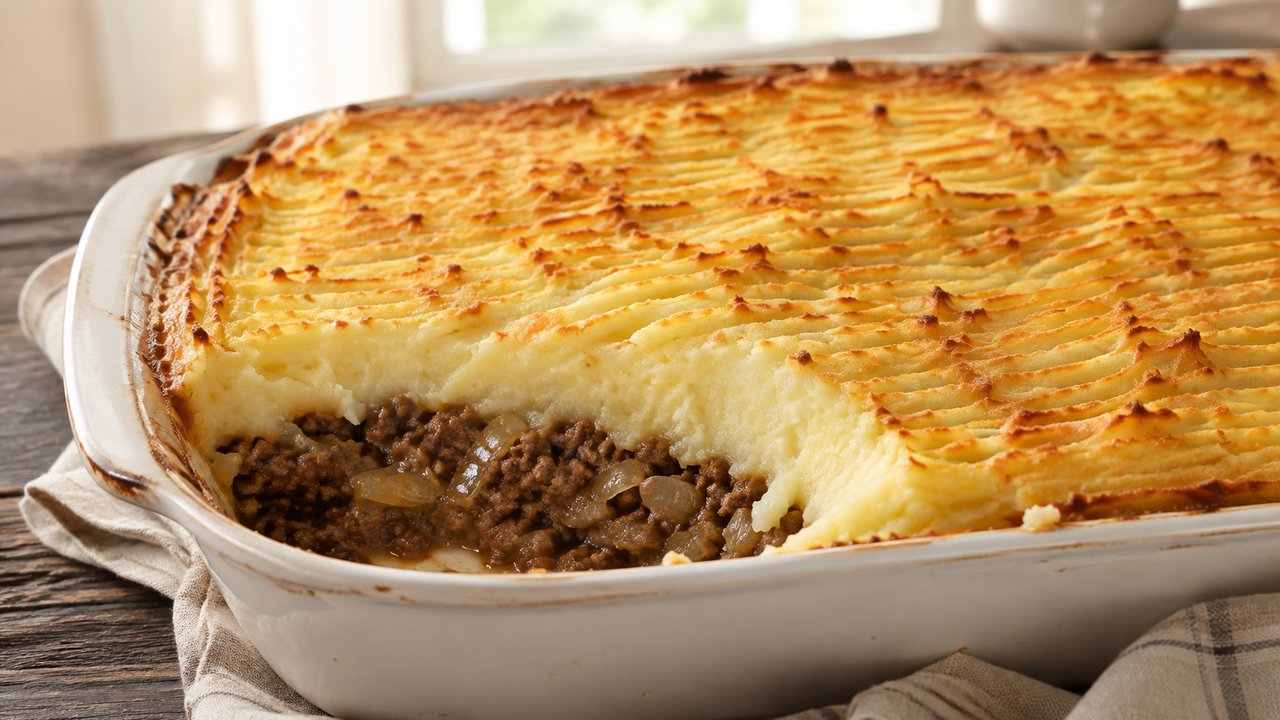 Pastel de papas argentino en fuente de cerámica sobre mesa de madera, con la tapa de puré rayada y dorada y el relleno de carne picada a la vista
