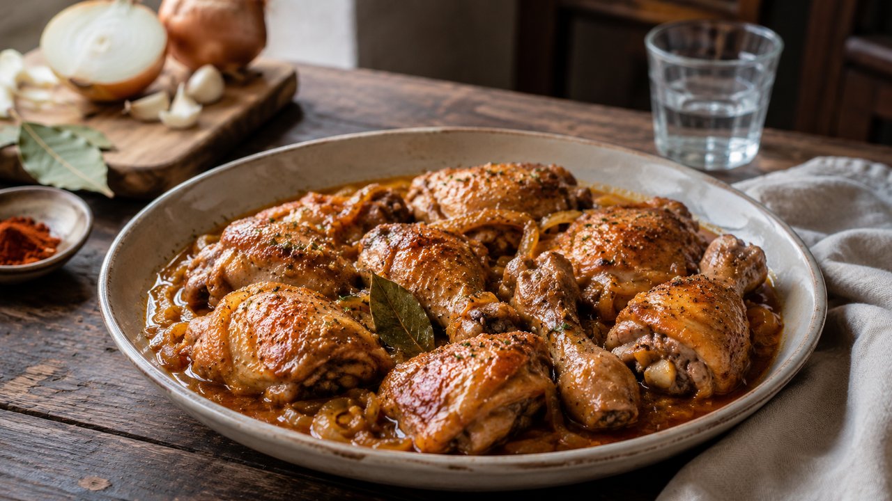 Pollo trozado dorado en salsa ámbar de cerveza con pimentón y pimienta en cazuela de hierro sobre mesa de madera
