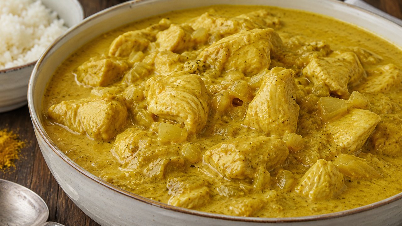 Pollo al curry en bol de cerámica rústica, con los cubos de pollo cubiertos por una salsa amarilla cremosa y trozos de cebolla, un bol de arroz blanco al costado, curry en polvo y una cuchara de metal sobre mesa de madera oscura