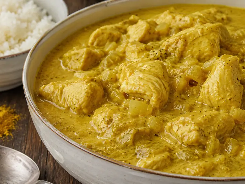 Pollo al curry en bol de cerámica rústica, con los cubos de pollo cubiertos por una salsa amarilla cremosa y trozos de cebolla, un bol de arroz blanco al costado, curry en polvo y una cuchara de metal sobre mesa de madera oscura