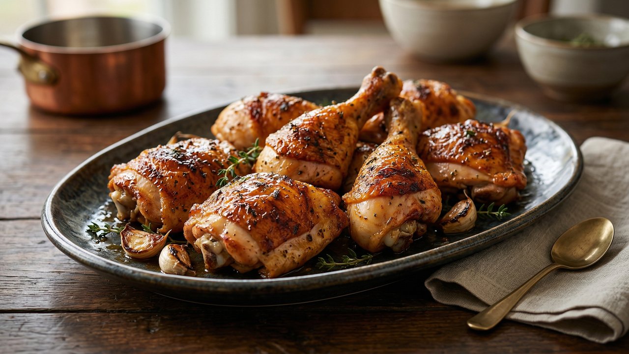 Pollo al horno con pimentón, muslos y patas dorados con piel crocante en fuente de cerámica oscura