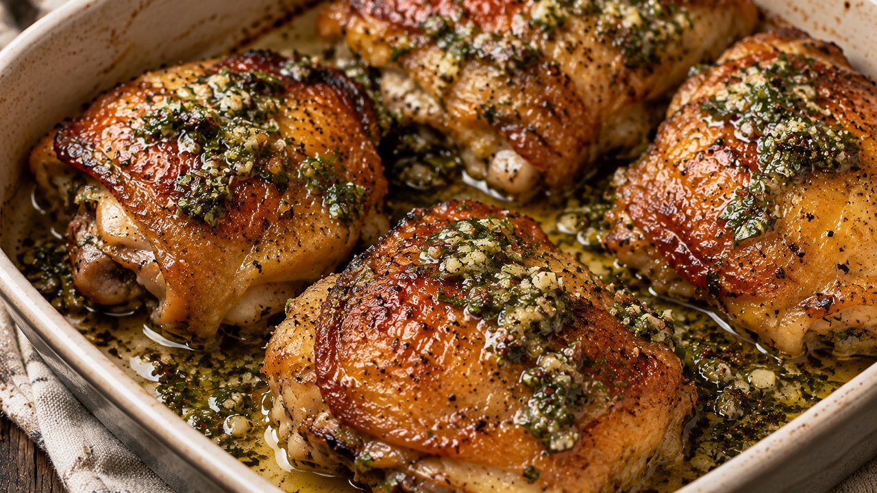 Cuatro muslos de pollo con la piel dorada y crocante en una fuente de horno, con una cucharada de perejil y ajo en aceite sobre cada uno y los jugos verdes alrededor
