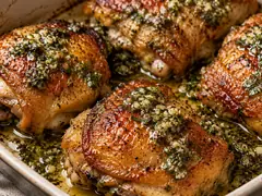 Muslos de pollo al horno con la piel dorada y crocante en una fuente, con provenzal de perejil y ajo recién volcada por encima