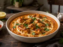 Pollo tikka masala en salsa naranja cremosa con comino y pimentón, servido en cazuela blanca sobre mesa de madera