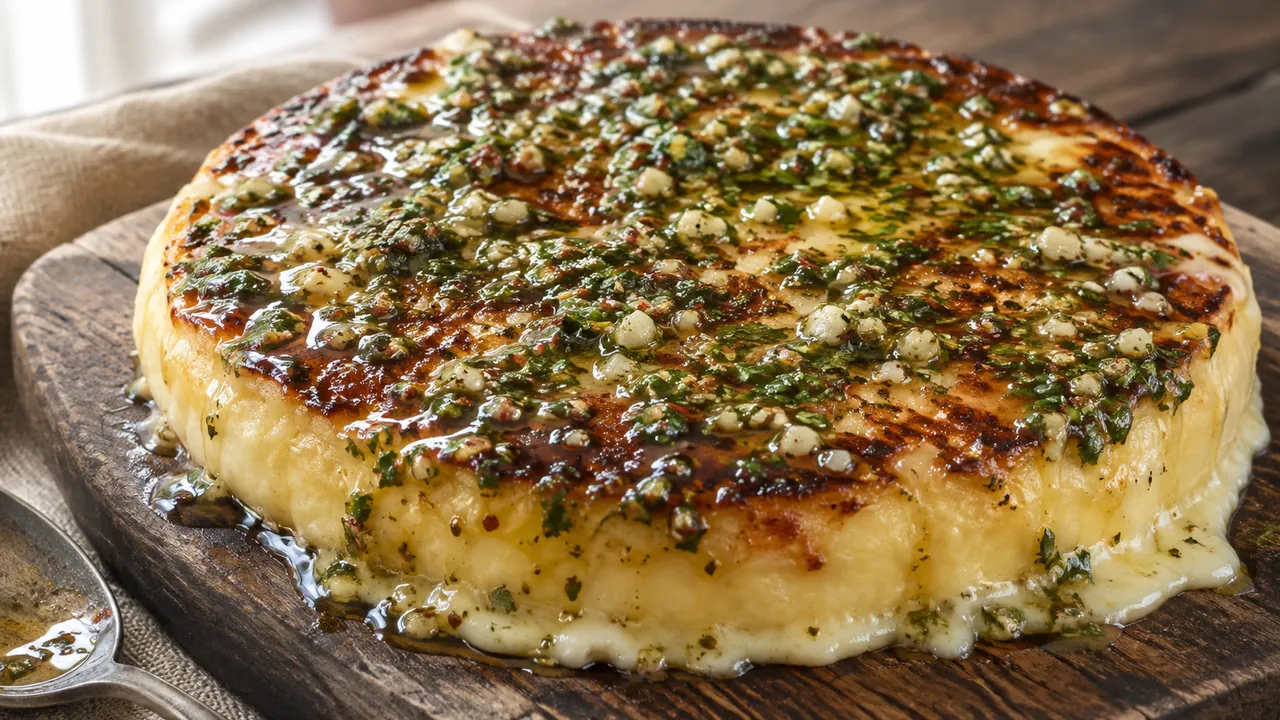 Provoleta a la parrilla dorada sobre tabla de madera, con provenzal de ajo y perejil en aceite por encima
