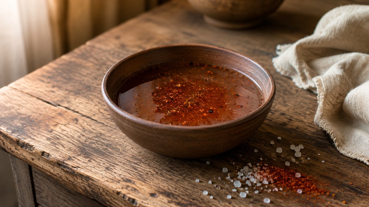 Bol con salmuera para asado con ají molido, pimentón y pimienta, con hierbas y salero en tabla de madera oscura