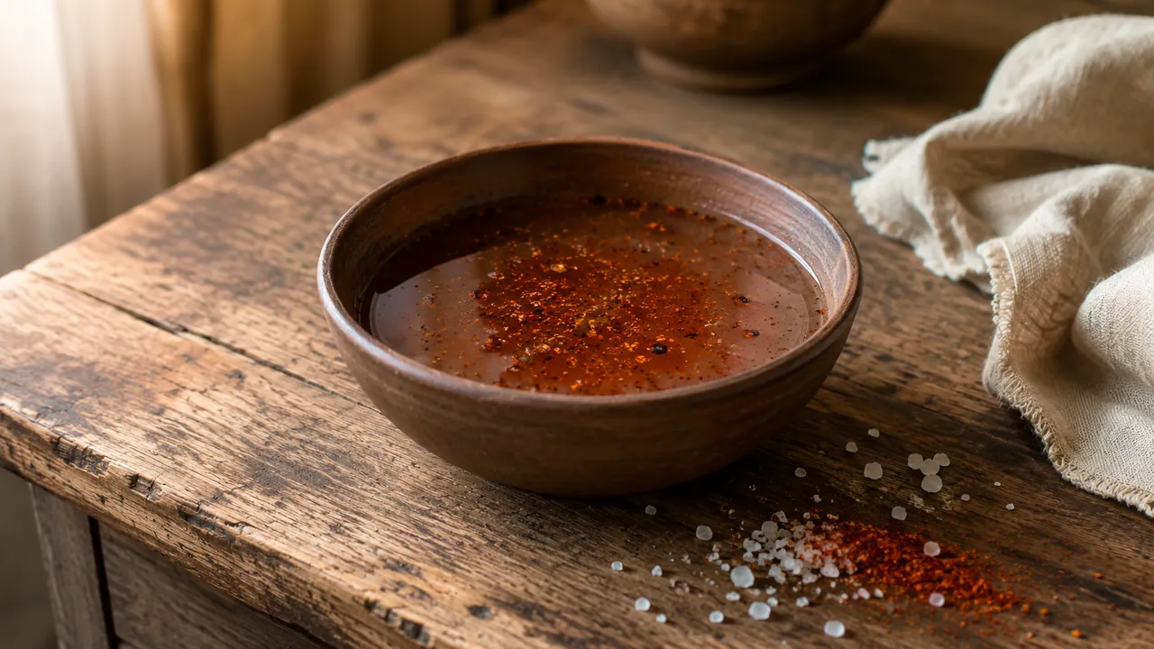 Bol con salmuera para asado con ají molido, pimentón y pimienta, con hierbas y salero en tabla de madera oscura