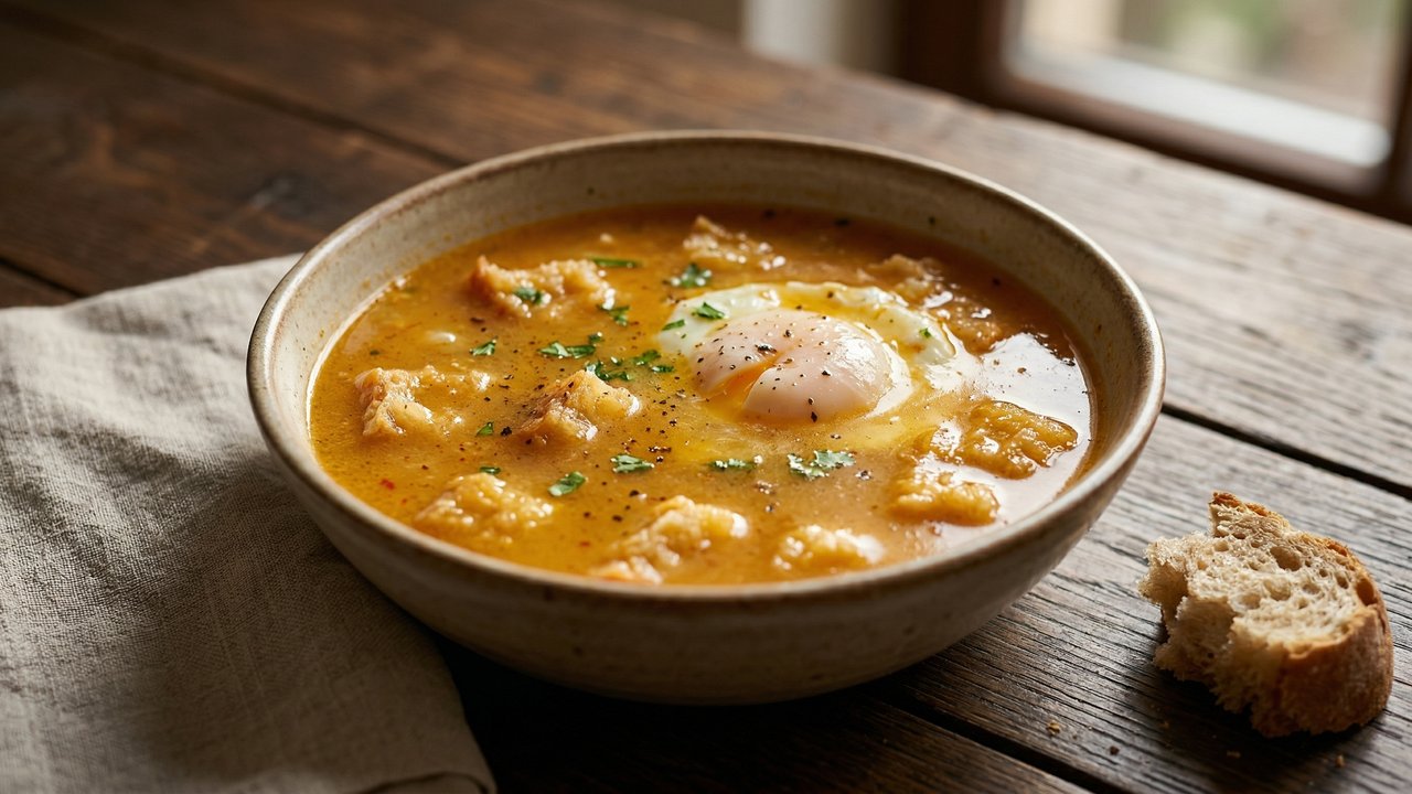 Sopa de ajo con huevo pochado, trozos de pan crujiente y perejil picado en bowl de cerámica sobre madera rústica