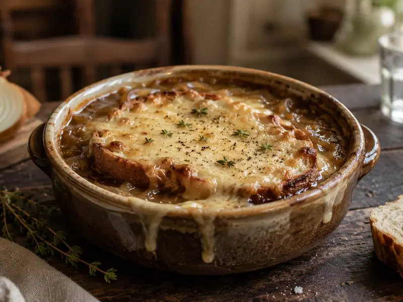 Sopa de cebolla gratinada con costra de queso derretido en cazuela de cerámica sobre mesa de madera oscura