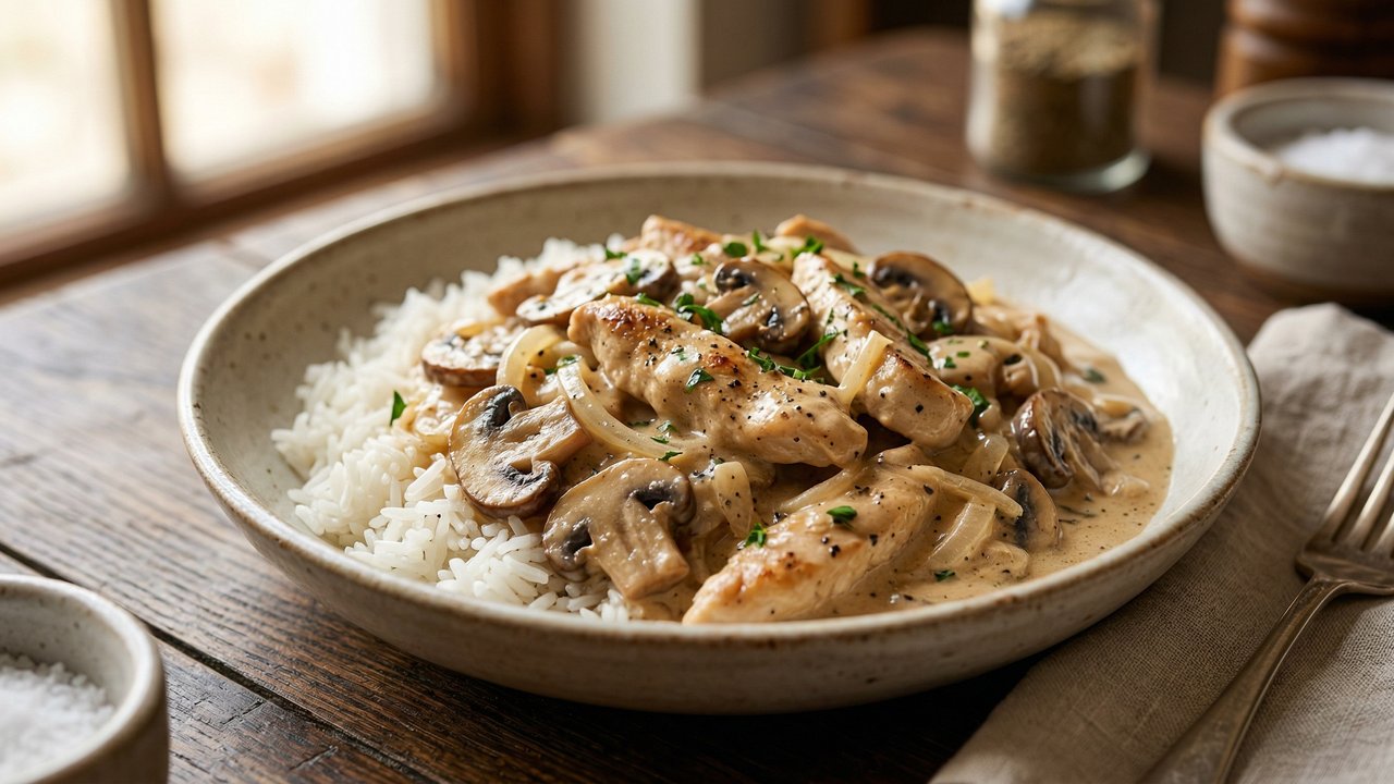 Strogonoff de pollo con hongos y cebolla en salsa cremosa servido sobre arroz blanco en bowl de cerámica