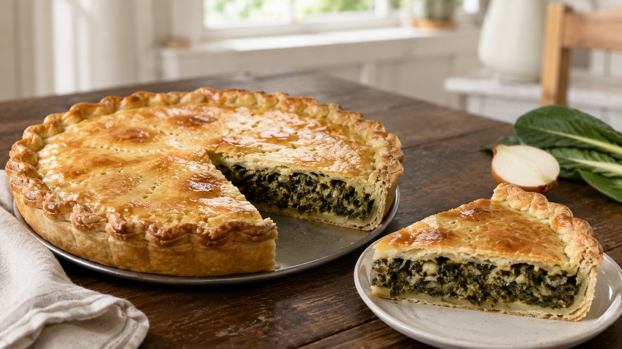 Tarta de acelga casera dorada en molde, con una porción servida en plato de cerámica que deja ver el relleno verde, sobre mesa de madera oscura