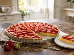 Tarta de frutillas con crema pastelera y frutillas en gajos ordenadas en espiral, sobre mesada de madera oscura