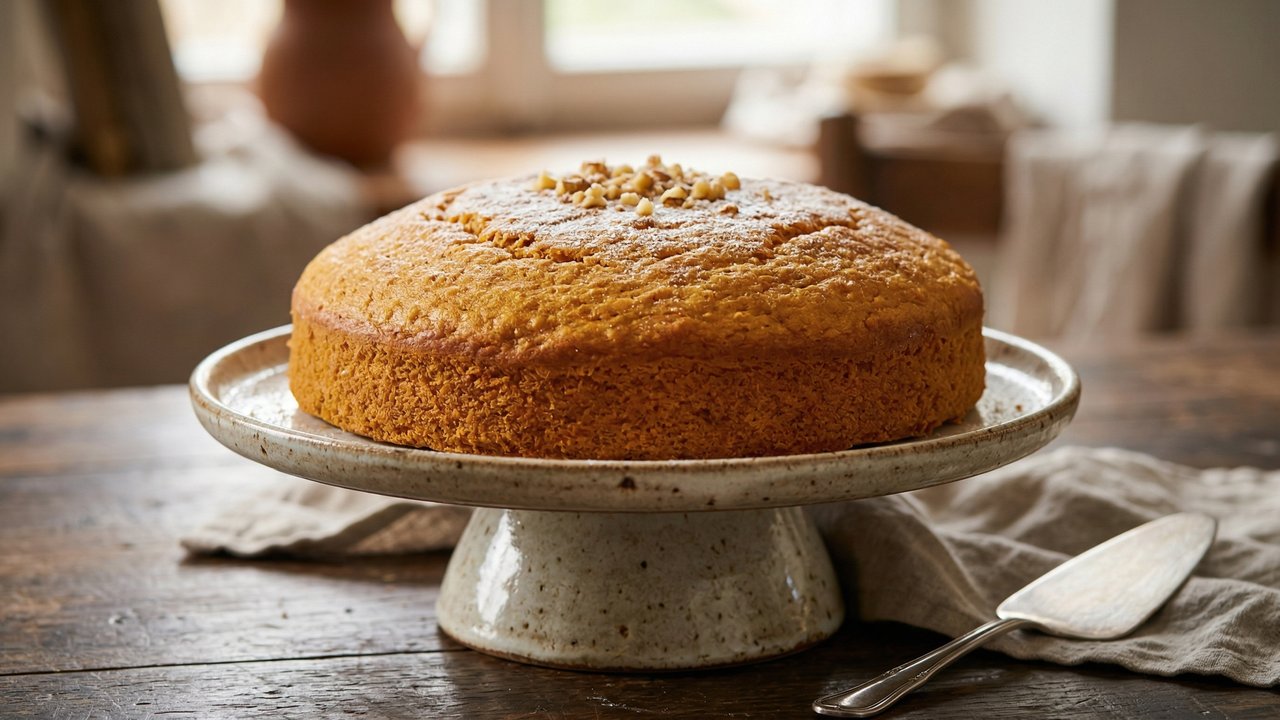Torta de zanahoria entera en pedestal de cerámica con nueces trituradas encima y corteza dorada uniforme