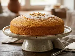 Torta de zanahoria redonda con nueces por encima sobre base de cerámica blanca en mesa de madera rústica