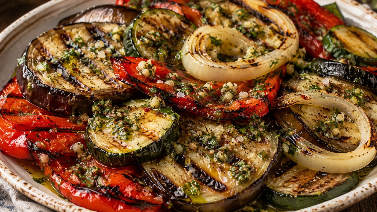 Plato de berenjena, zucchini, morron rojo y aros de cebolla grillados, con las marcas oscuras de la plancha a la vista, cubiertos de perejil y ajo en aceite y sal gruesa