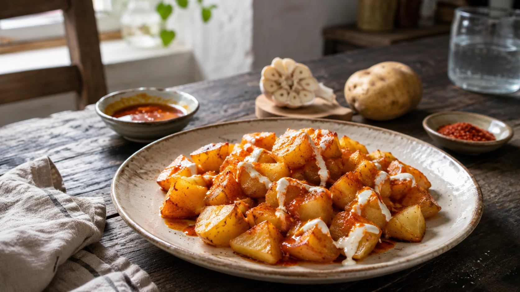 Papas doradas en cubos con salsa brava rojiza de pimentón y ají sobre tabla de madera oscura