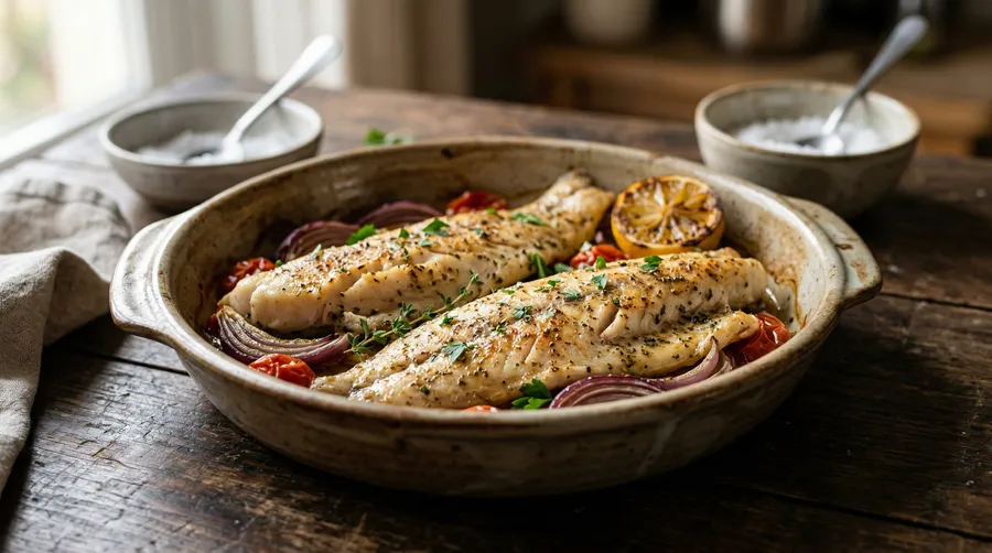 Filetes de pescado de mar al horno en fuente de barro con tomate cherry, cebolla morada y limón asado