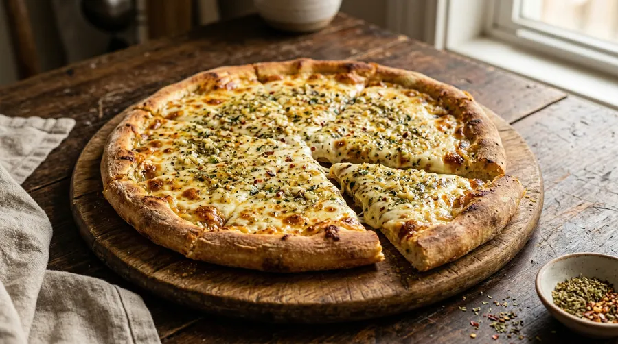 Pizza blanca con provenzal y queso fundido recién salida del horno