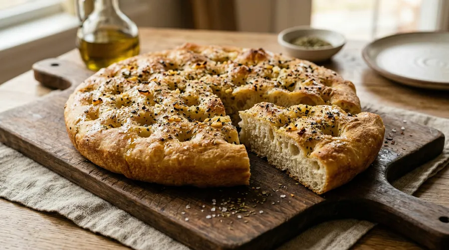 Pizza focaccia con orégano, ajo granulado y aceite recién salida del horno