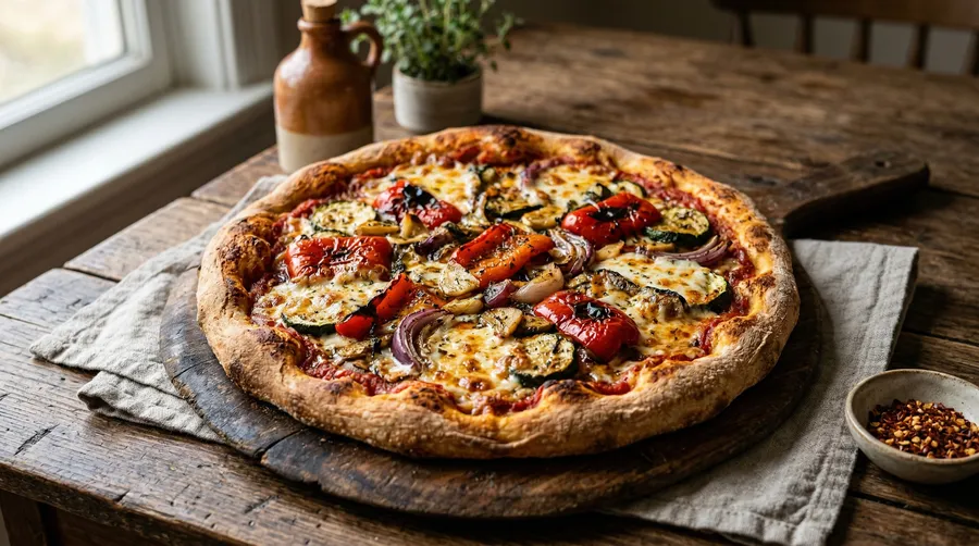 Pizza de verduras asadas con morrón, zucchini y cebolla morada recién salida del horno