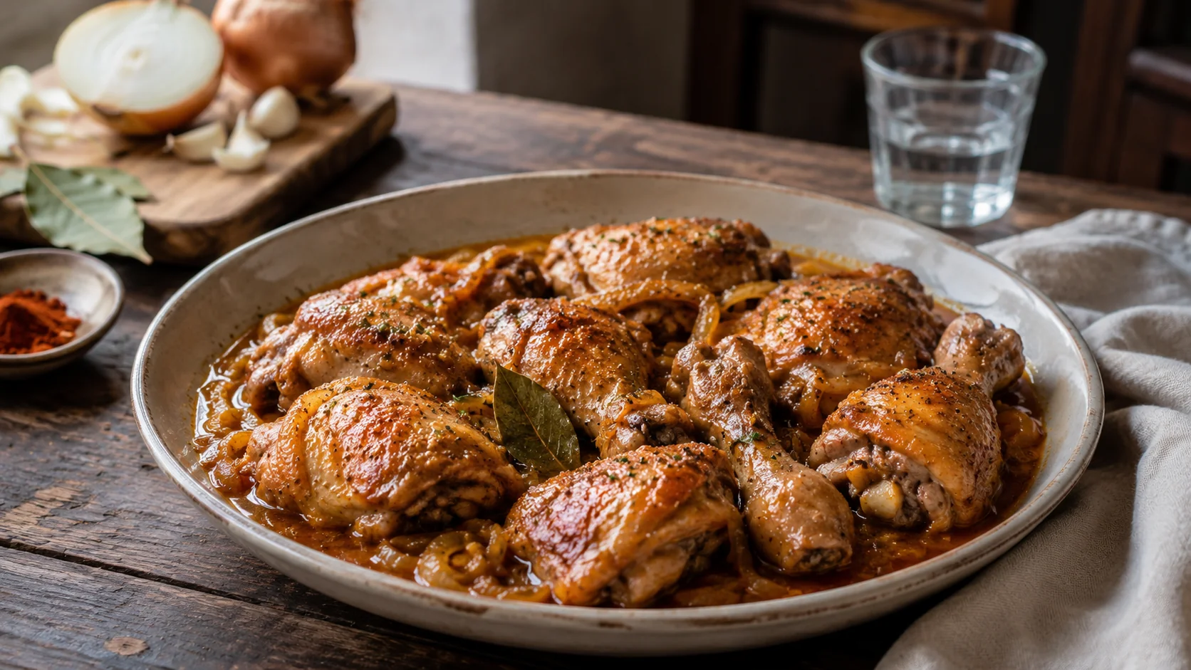 Pollo trozado dorado en salsa ámbar de cerveza con pimentón y pimienta en cazuela de hierro sobre mesa de madera