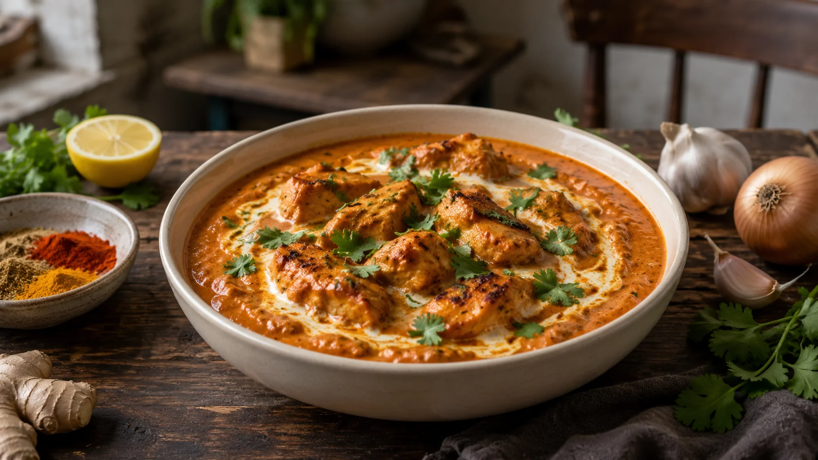 Pollo tikka masala en salsa naranja cremosa con comino y pimentón, servido en cazuela blanca sobre mesa de madera