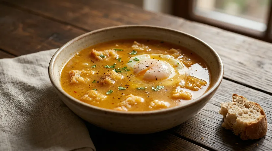 Sopa de ajo en bowl de cerámica con huevo escalfado, pan y perejil fresco