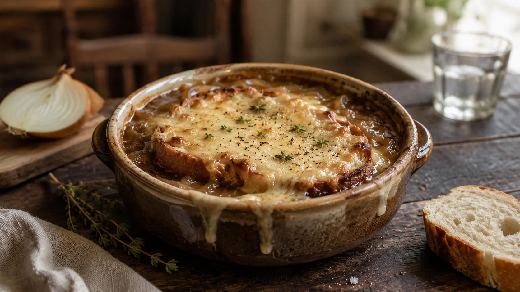 Sopa de cebolla gratinada con costra de queso derretido en cazuela de cerámica sobre mesa de madera oscura