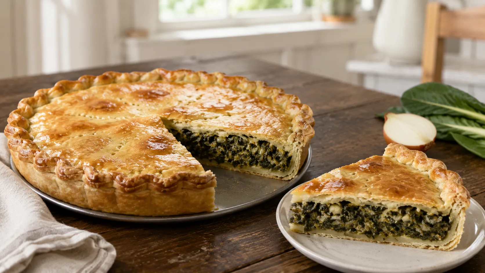 Tarta de acelga entera y dorada en su molde sobre mesa de madera oscura, con una porción servida en plato de cerámica que deja ver el relleno verde