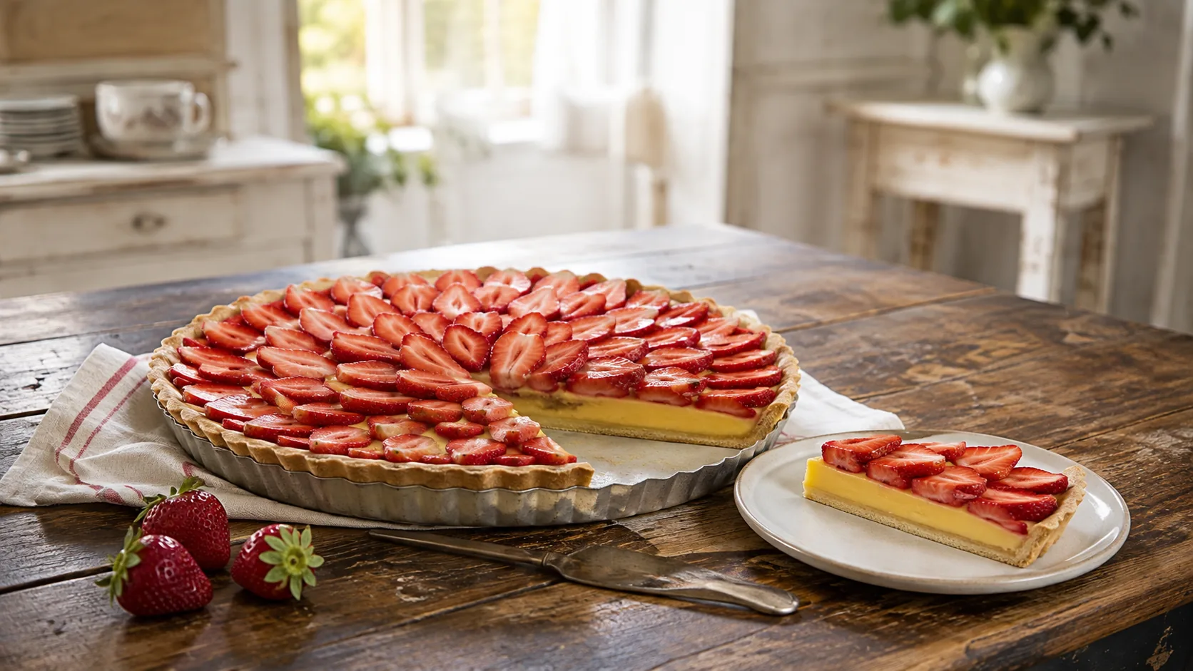 Tarta de frutillas con crema pastelera y frutillas en gajos ordenadas en espiral, sobre mesada de madera oscura