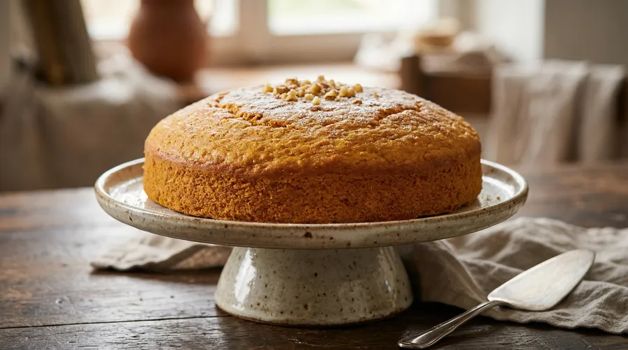 Torta de zanahoria redonda con nueces por encima sobre base de cerámica blanca en mesa de madera rústica